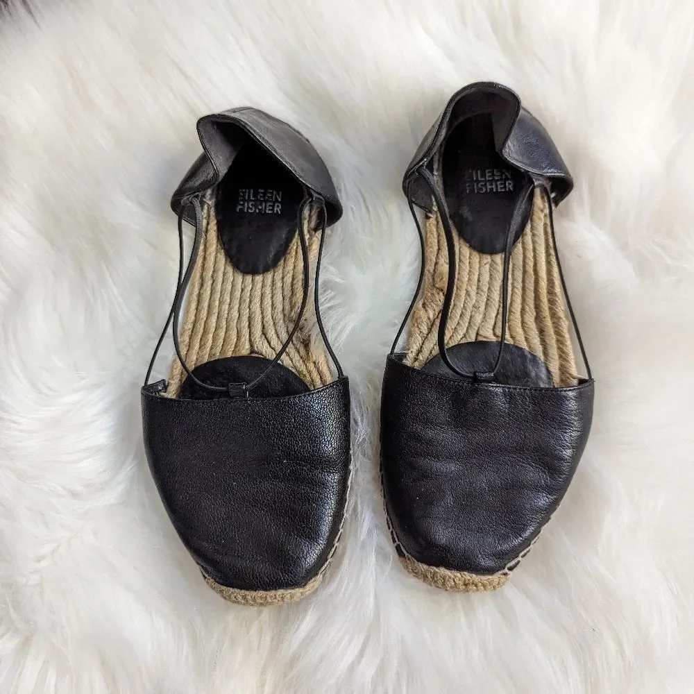 Eileen Fisher D'orsay Espadrilles Flats Sandals Size 7 black leather